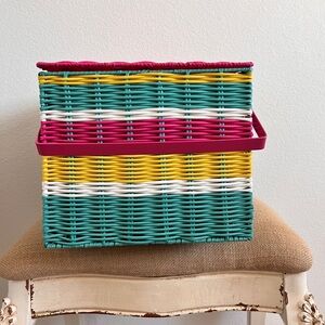 Target 2014 Painted Pink Green Yellow Stripes Plastic Picnic Basket